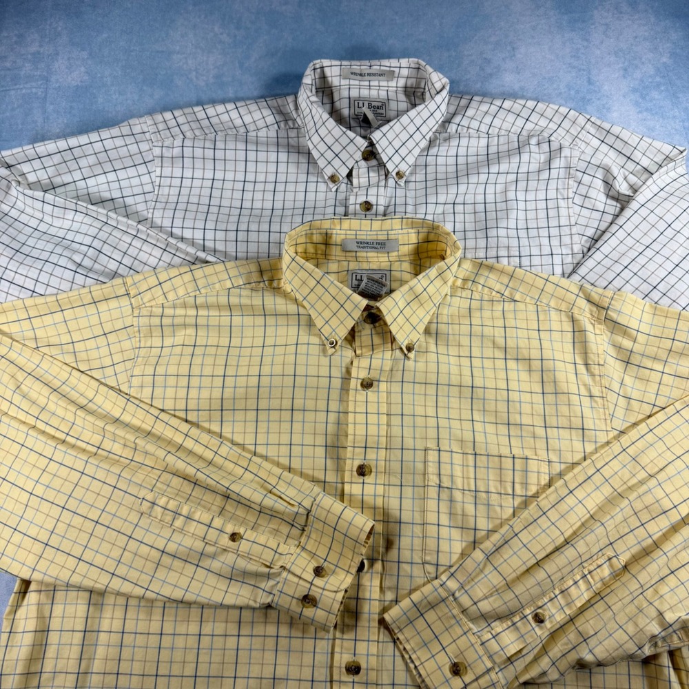 LL Bean Button Down Shirt Mens XL Tall Yellow White Lot of 2 Tattersall Plaid
